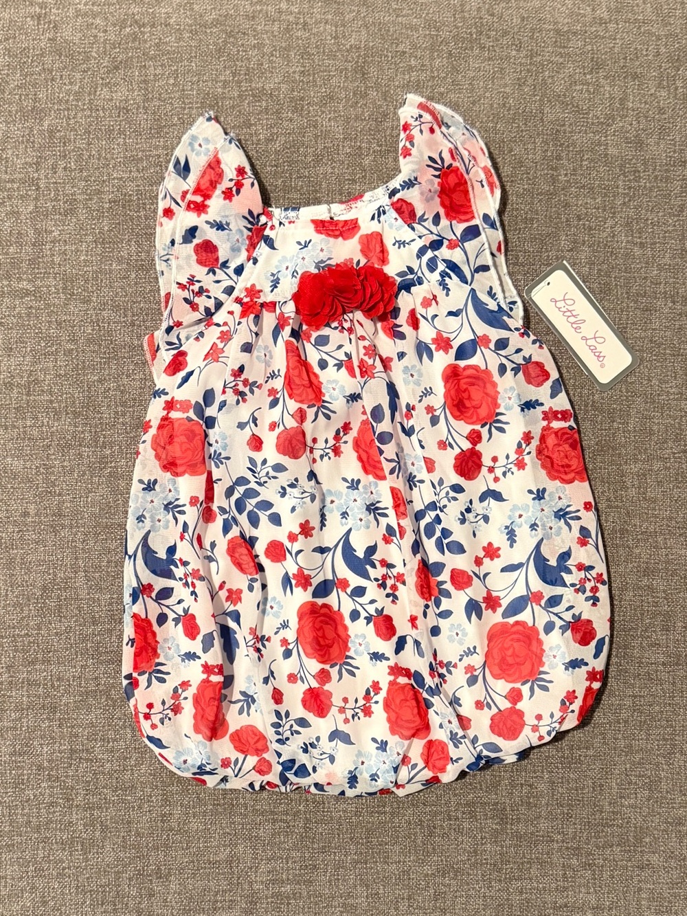 NWT Little Lass White Floral Bubble Romper with Red and Navy Flowers 9m